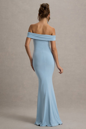 Law of Attraction Powder Blue Bardot Draped Split Maxi Dress